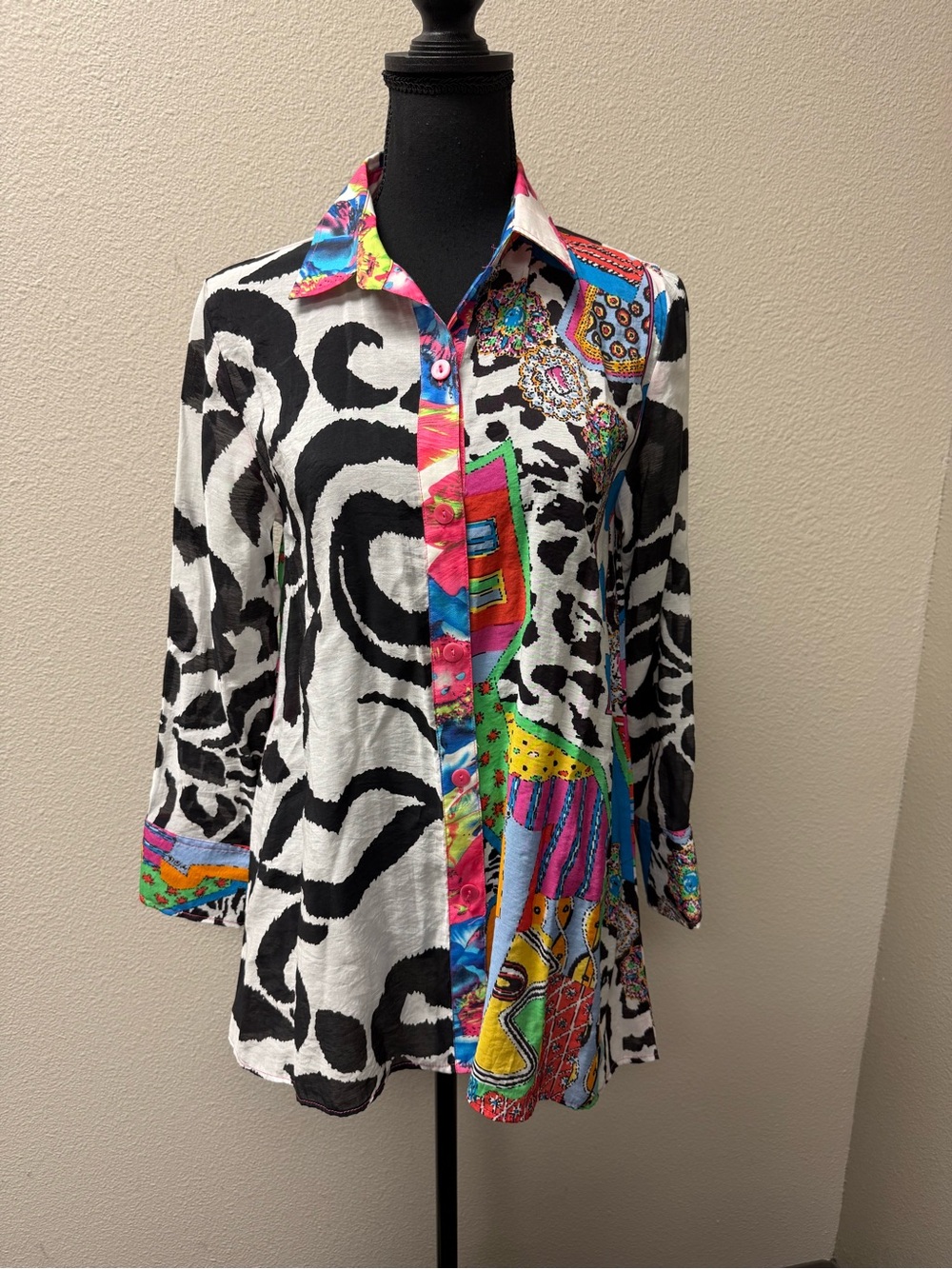 Pleats Collection Patchwork Shirt Small Colorful Abstract Zebra Button Top - Picture 2 of 10